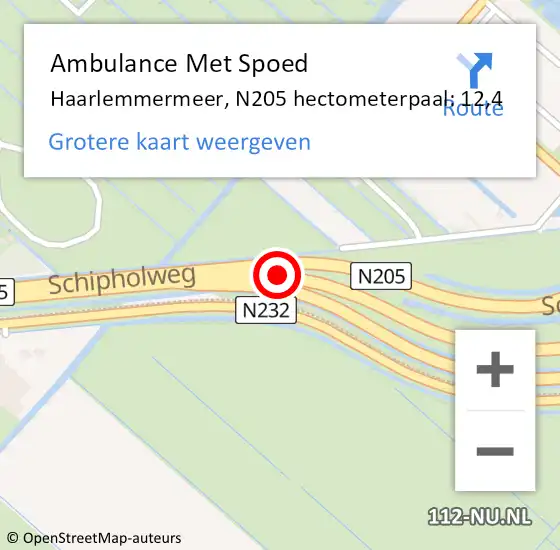 Locatie op kaart van de 112 melding: Ambulance Met Spoed Naar Haarlemmermeer, N205 hectometerpaal: 12,4 op 1 augustus 2023 15:08