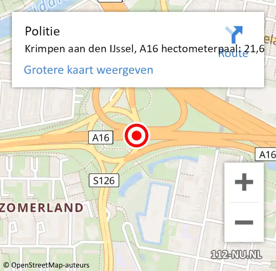 Locatie op kaart van de 112 melding: Politie Krimpen aan den IJssel, A16 hectometerpaal: 21,6 op 1 augustus 2023 15:24