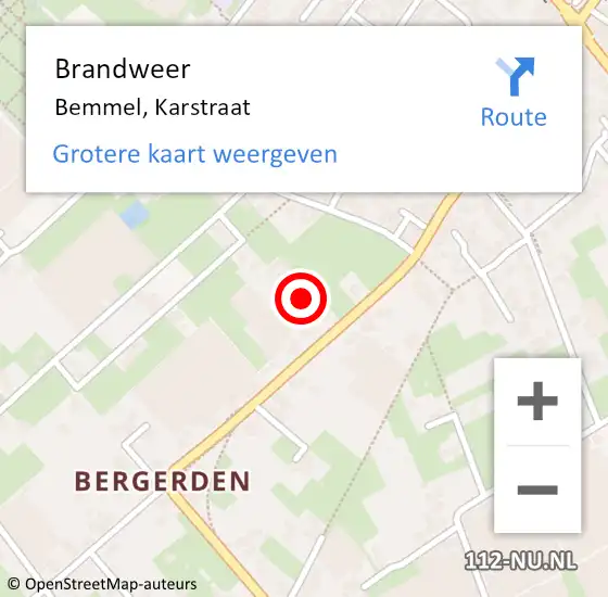 Locatie op kaart van de 112 melding: Brandweer Bemmel, Karstraat op 1 augustus 2023 17:54