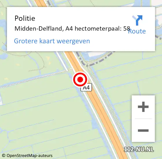 Locatie op kaart van de 112 melding: Politie Midden-Delfland, A4 hectometerpaal: 58 op 1 augustus 2023 18:50