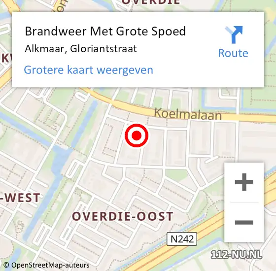 Locatie op kaart van de 112 melding: Brandweer Met Grote Spoed Naar Alkmaar, Gloriantstraat op 1 augustus 2023 20:04