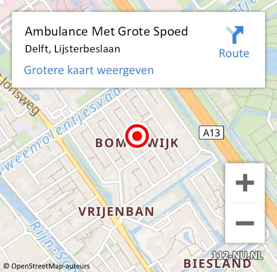 Locatie op kaart van de 112 melding: Ambulance Met Grote Spoed Naar Delft, Lijsterbeslaan op 1 augustus 2023 20:50