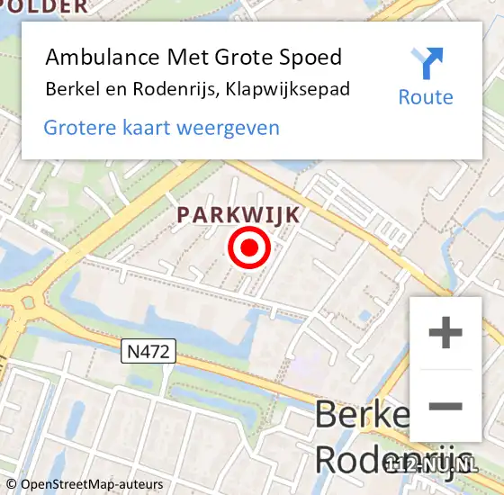 Locatie op kaart van de 112 melding: Ambulance Met Grote Spoed Naar Berkel en Rodenrijs, Klapwijksepad op 2 augustus 2023 01:10