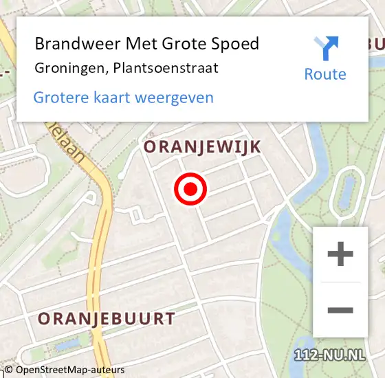 Locatie op kaart van de 112 melding: Brandweer Met Grote Spoed Naar Groningen, Plantsoenstraat op 2 augustus 2023 17:00