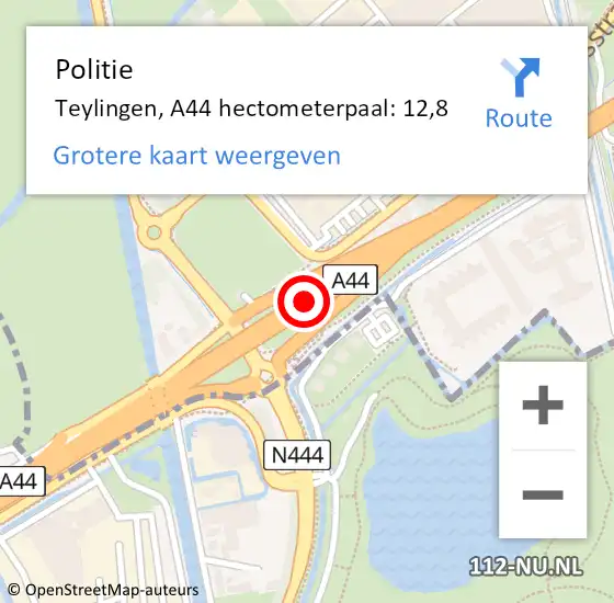 Locatie op kaart van de 112 melding: Politie Teylingen, A44 hectometerpaal: 12,8 op 2 augustus 2023 17:52