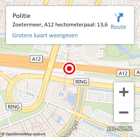 Locatie op kaart van de 112 melding: Politie Zoetermeer, A12 hectometerpaal: 13,6 op 2 augustus 2023 18:03