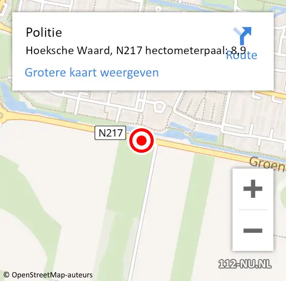 Locatie op kaart van de 112 melding: Politie Hoeksche Waard, N217 hectometerpaal: 8,9 op 2 augustus 2023 18:17