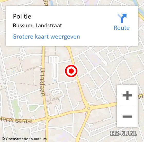Locatie op kaart van de 112 melding: Politie Bussum, Landstraat op 2 augustus 2023 19:54