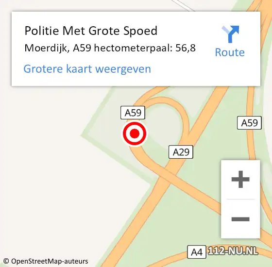 Locatie op kaart van de 112 melding: Politie Met Grote Spoed Naar Moerdijk, A59 hectometerpaal: 56,8 op 2 augustus 2023 20:53