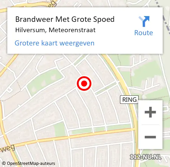 Locatie op kaart van de 112 melding: Brandweer Met Grote Spoed Naar Hilversum, Meteorenstraat op 2 augustus 2023 21:52