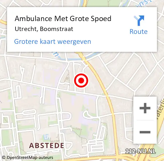 Locatie op kaart van de 112 melding: Ambulance Met Grote Spoed Naar Utrecht, Boomstraat op 3 september 2014 17:27