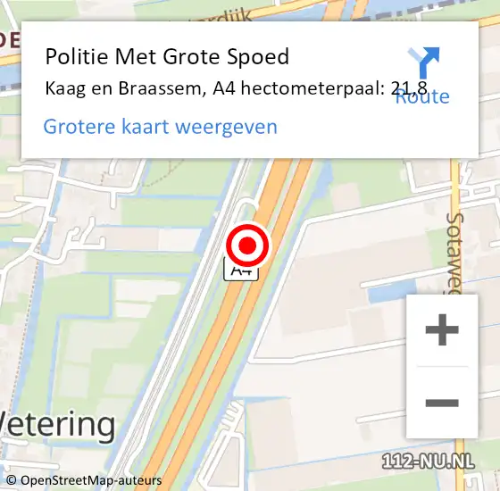 Locatie op kaart van de 112 melding: Politie Met Grote Spoed Naar Kaag en Braassem, A4 hectometerpaal: 21,8 op 3 augustus 2023 00:45