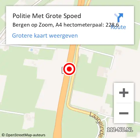 Locatie op kaart van de 112 melding: Politie Met Grote Spoed Naar Bergen op Zoom, A4 hectometerpaal: 228,6 op 3 augustus 2023 01:03