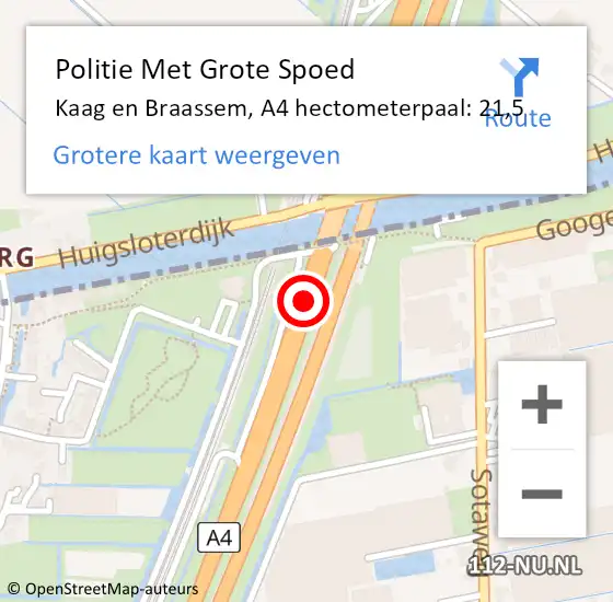 Locatie op kaart van de 112 melding: Politie Met Grote Spoed Naar Kaag en Braassem, A4 hectometerpaal: 21,5 op 3 augustus 2023 01:03