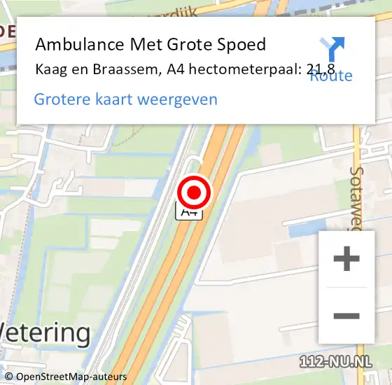 Locatie op kaart van de 112 melding: Ambulance Met Grote Spoed Naar Kaag en Braassem, A4 hectometerpaal: 21,8 op 3 augustus 2023 01:15