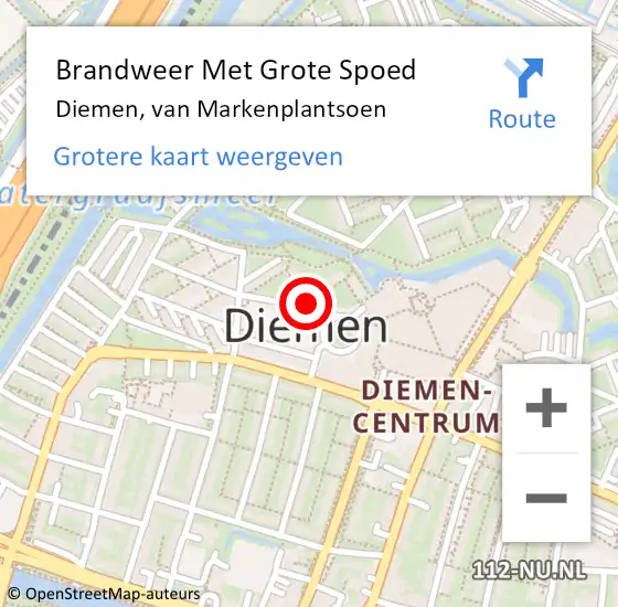 Locatie op kaart van de 112 melding: Brandweer Met Grote Spoed Naar Diemen, van Markenplantsoen op 3 augustus 2023 02:12