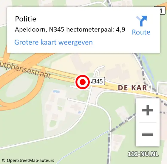 Locatie op kaart van de 112 melding: Politie Apeldoorn, N345 hectometerpaal: 4,9 op 3 augustus 2023 06:58