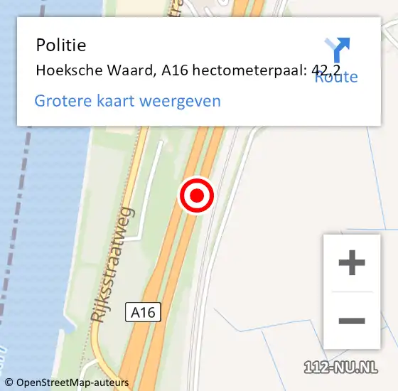 Locatie op kaart van de 112 melding: Politie Hoeksche Waard, A16 hectometerpaal: 42,2 op 3 augustus 2023 08:35