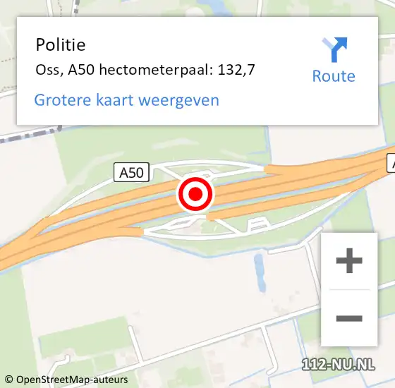 Locatie op kaart van de 112 melding: Politie Oss, A50 hectometerpaal: 132,7 op 3 augustus 2023 08:46