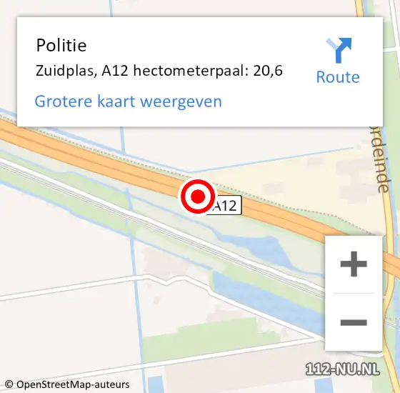 Locatie op kaart van de 112 melding: Politie Zuidplas, A12 hectometerpaal: 20,6 op 3 augustus 2023 09:05