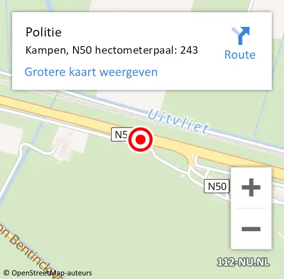 Locatie op kaart van de 112 melding: Politie Kampen, N50 hectometerpaal: 243 op 3 augustus 2023 10:09
