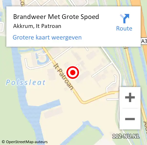 Locatie op kaart van de 112 melding: Brandweer Met Grote Spoed Naar Akkrum, It Patroan op 3 augustus 2023 11:30