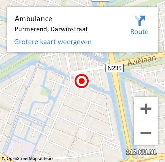 Locatie op kaart van de 112 melding: Ambulance Purmerend, Darwinstraat op 3 augustus 2023 13:20