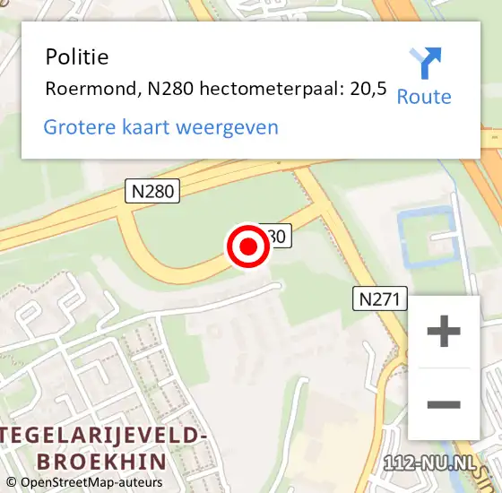 Locatie op kaart van de 112 melding: Politie Roermond, N280 hectometerpaal: 20,5 op 3 augustus 2023 14:48