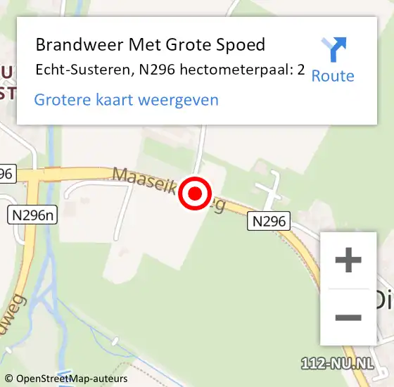 Locatie op kaart van de 112 melding: Brandweer Met Grote Spoed Naar Echt-Susteren, N296 hectometerpaal: 2 op 3 augustus 2023 17:11