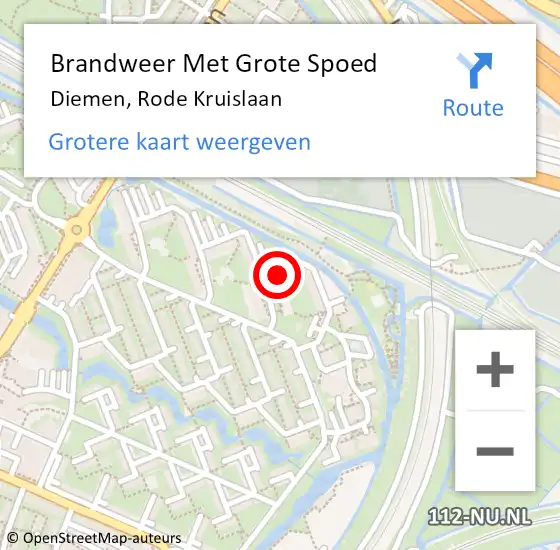 Locatie op kaart van de 112 melding: Brandweer Met Grote Spoed Naar Diemen, Rode Kruislaan op 3 augustus 2023 23:35