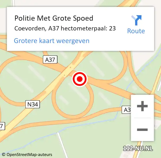 Locatie op kaart van de 112 melding: Politie Met Grote Spoed Naar Coevorden, A37 hectometerpaal: 23 op 4 augustus 2023 00:27