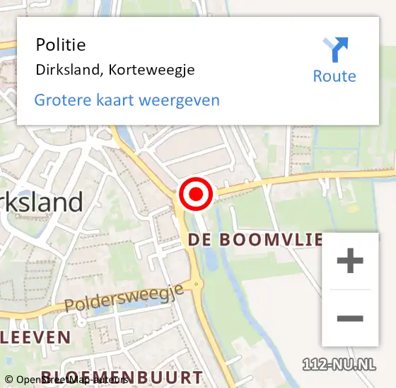 Locatie op kaart van de 112 melding: Politie Dirksland, Korteweegje op 4 augustus 2023 11:41