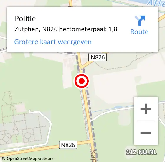 Locatie op kaart van de 112 melding: Politie Zutphen, N826 hectometerpaal: 1,8 op 4 augustus 2023 13:33