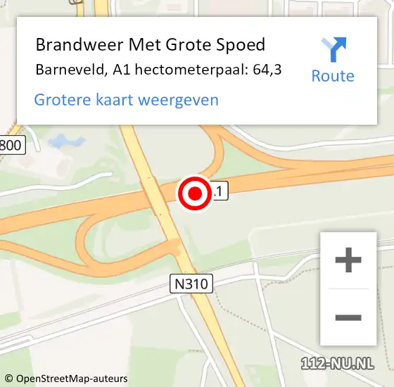 Locatie op kaart van de 112 melding: Brandweer Met Grote Spoed Naar Barneveld, A1 hectometerpaal: 64,3 op 4 augustus 2023 14:55