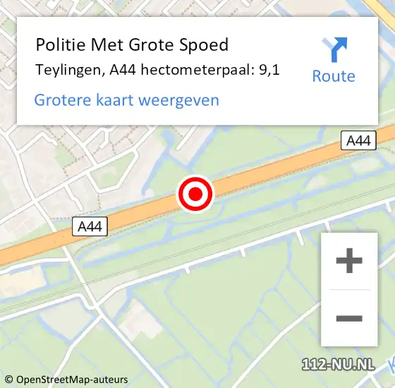 Locatie op kaart van de 112 melding: Politie Met Grote Spoed Naar Teylingen, A44 hectometerpaal: 9,1 op 4 augustus 2023 15:11