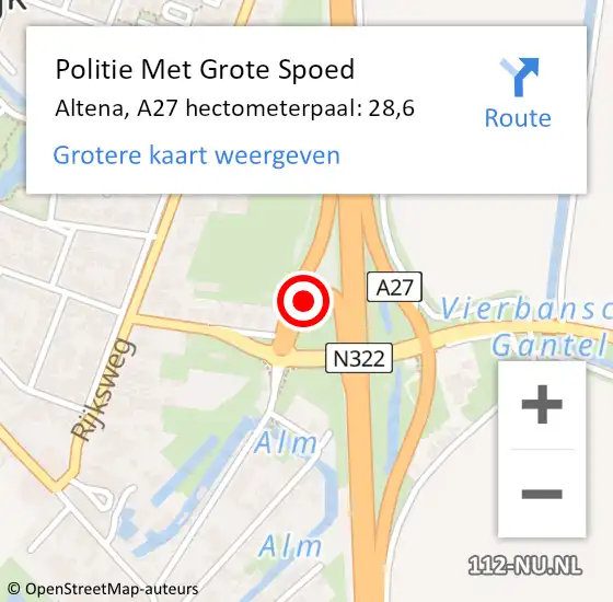 Locatie op kaart van de 112 melding: Politie Met Grote Spoed Naar Altena, A27 hectometerpaal: 28,6 op 4 augustus 2023 17:45