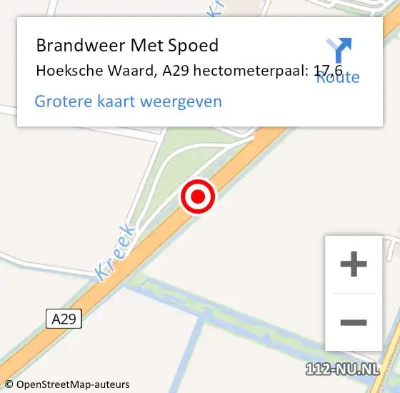 Locatie op kaart van de 112 melding: Brandweer Met Spoed Naar Hoeksche Waard, A29 hectometerpaal: 17,6 op 4 augustus 2023 19:24