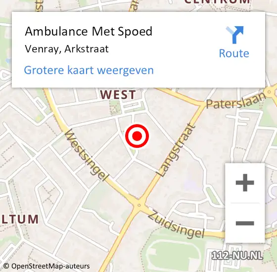 Locatie op kaart van de 112 melding: Ambulance Met Spoed Naar Venray, Arkstraat op 4 augustus 2023 20:18