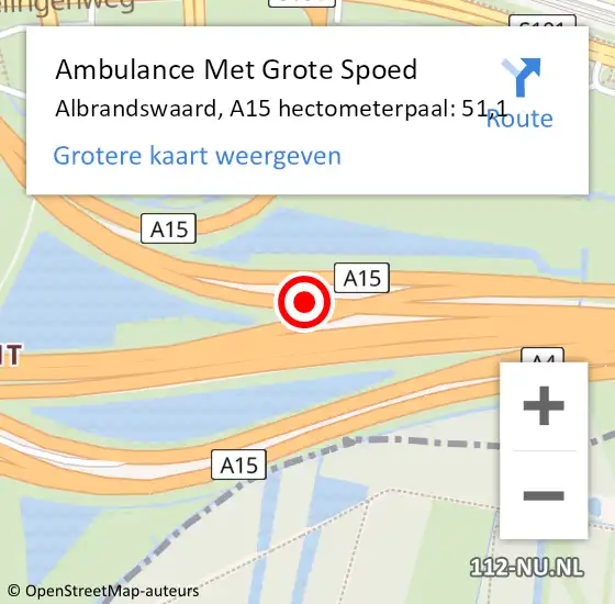 Locatie op kaart van de 112 melding: Ambulance Met Grote Spoed Naar Albrandswaard, A15 hectometerpaal: 51,1 op 4 augustus 2023 20:41