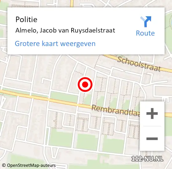 Locatie op kaart van de 112 melding: Politie Almelo, Jacob van Ruysdaelstraat op 4 augustus 2023 23:25