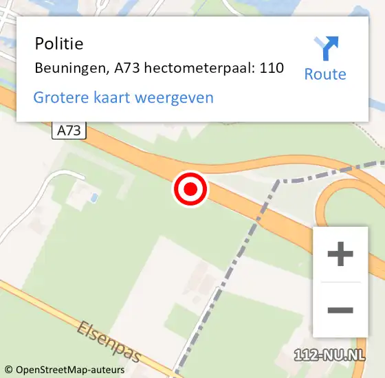 Locatie op kaart van de 112 melding: Politie Beuningen, A73 hectometerpaal: 110 op 5 augustus 2023 11:12