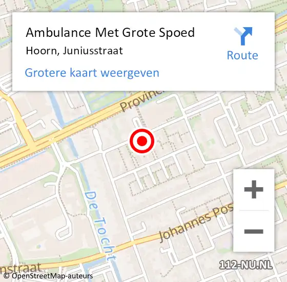 Locatie op kaart van de 112 melding: Ambulance Met Grote Spoed Naar Hoorn, Juniusstraat op 5 augustus 2023 13:25