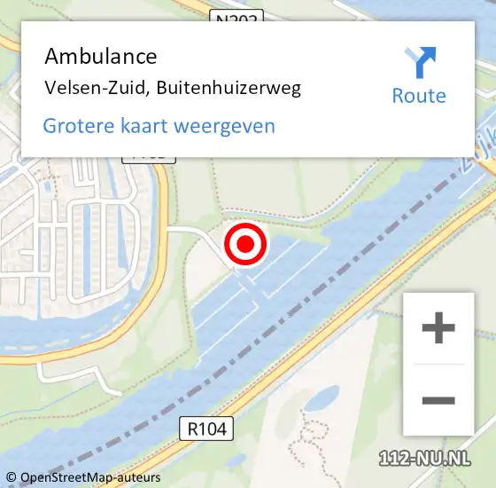 Locatie op kaart van de 112 melding: Ambulance Velsen-Zuid, Buitenhuizerweg op 5 augustus 2023 14:18