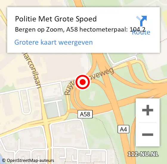 Locatie op kaart van de 112 melding: Politie Met Grote Spoed Naar Bergen op Zoom, A58 hectometerpaal: 104,2 op 5 augustus 2023 15:00