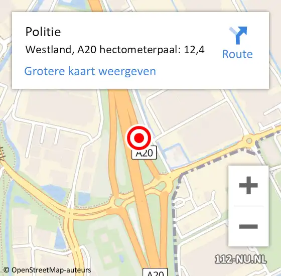 Locatie op kaart van de 112 melding: Politie Westland, A20 hectometerpaal: 12,4 op 5 augustus 2023 15:01