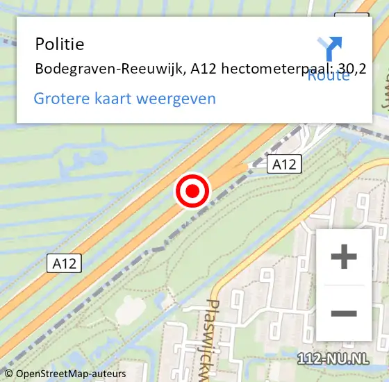 Locatie op kaart van de 112 melding: Politie Bodegraven-Reeuwijk, A12 hectometerpaal: 30,2 op 5 augustus 2023 19:23