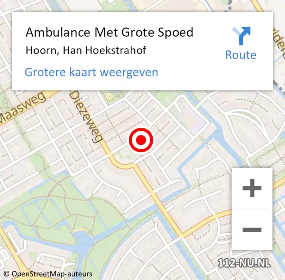 Locatie op kaart van de 112 melding: Ambulance Met Grote Spoed Naar Hoorn, Han Hoekstrahof op 5 augustus 2023 20:04