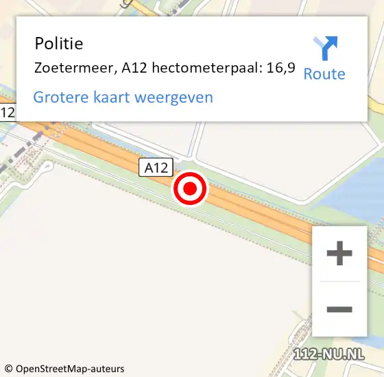 Locatie op kaart van de 112 melding: Politie Zoetermeer, A12 hectometerpaal: 16,9 op 5 augustus 2023 20:13