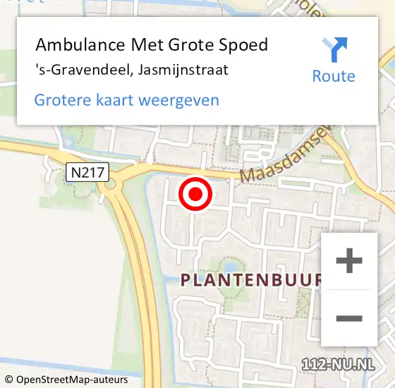 Locatie op kaart van de 112 melding: Ambulance Met Grote Spoed Naar 's-Gravendeel, Jasmijnstraat op 5 augustus 2023 21:27