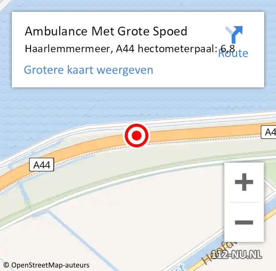 Locatie op kaart van de 112 melding: Ambulance Met Grote Spoed Naar Haarlemmermeer, A44 hectometerpaal: 6,8 op 5 augustus 2023 23:47